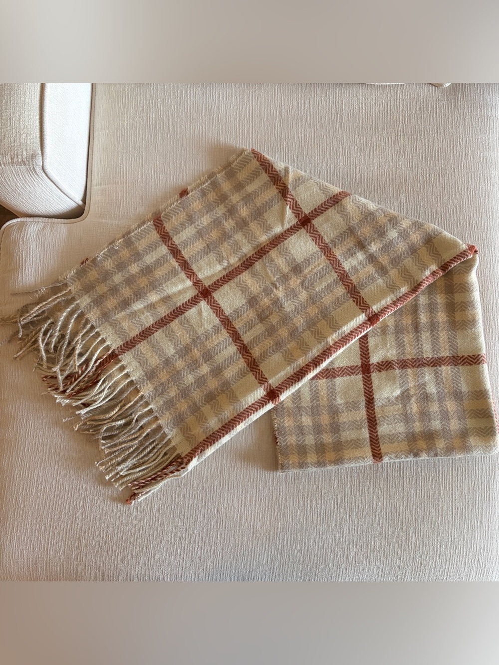 Mango Cream and Rust Plaid Fringed Large Scarf Shawl